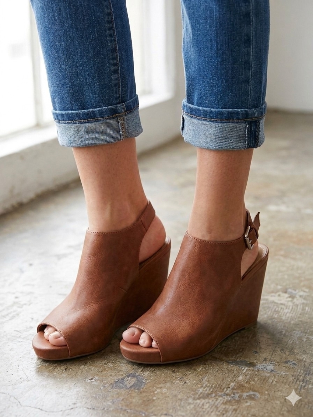 Women’s Tan Peep-Toe Wedge Sandals with Slingback Buckle